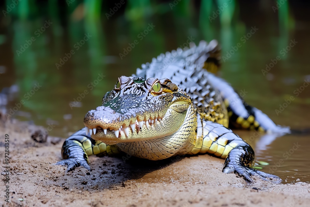 Fototapeta premium A crocodile sunning itself on a riverbank, lying perfectly still as it waits for the perfect moment to strike at unsuspecting prey