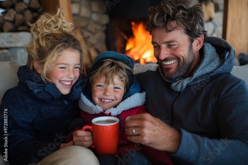 A father and his children, bundled in winter wear, enjoy cozy moments by the fireside, sipping hot chocolate and sharing warmth, happiness, and familial love. photo