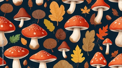 Wallpaper pattern autumn mushrooms and leaves on dark background