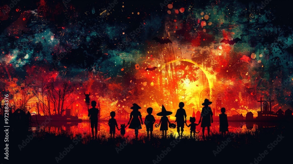 Fototapeta premium Spooky Halloween night with silhouettes of children celebrating under an eerie orange moon
