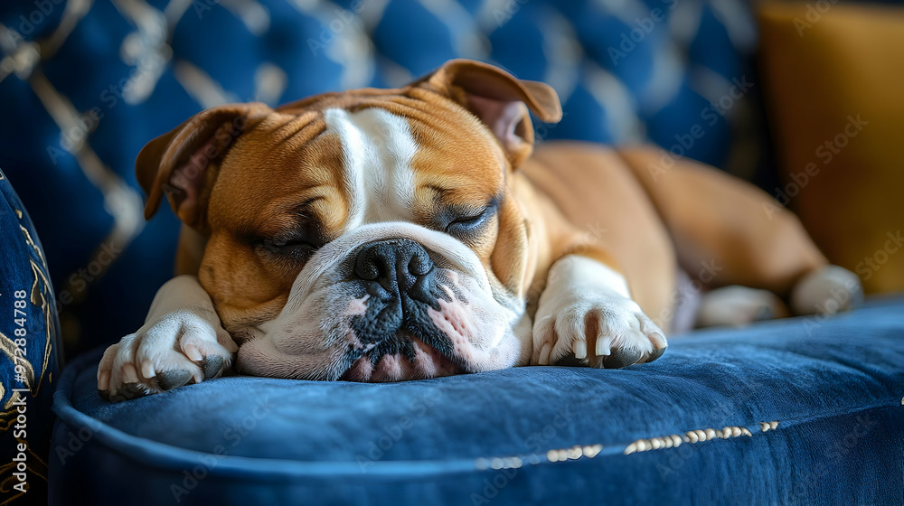 A sleeping bulldog rests comfortably on a blue couch, showcasing relaxation and comfort. A sleeping bulldog rests comfortably on a blue couch, showcasing relaxation and comfort.