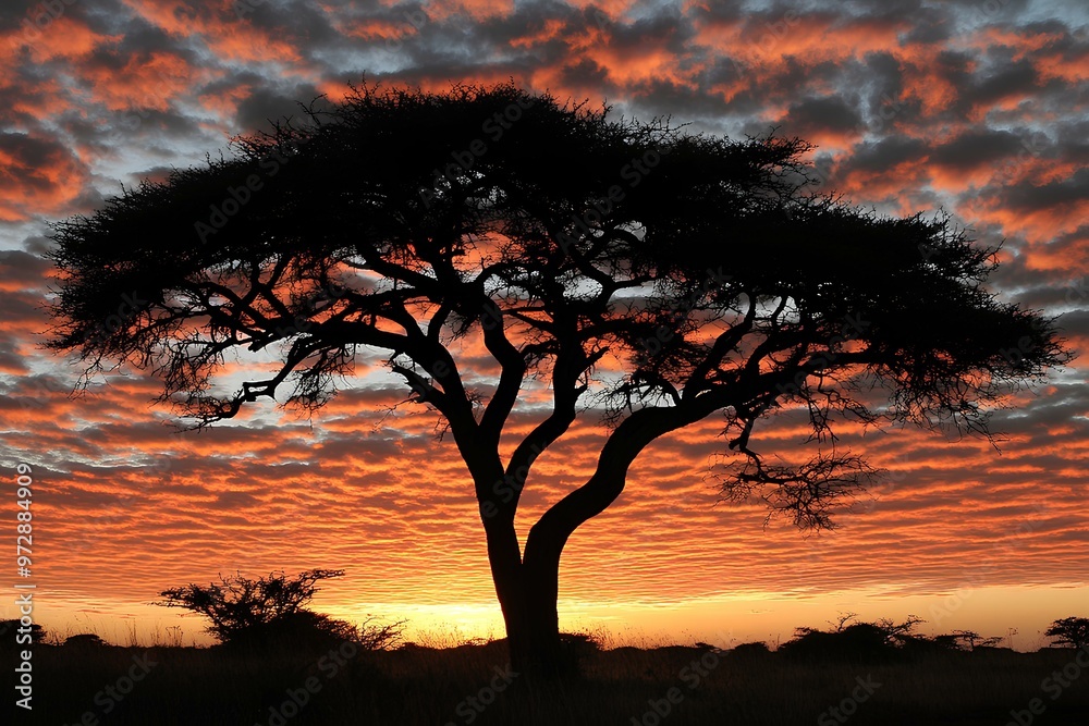 A Dramatic Sunrise Over the Savannah with the First Light Silhouetting a Tree A Dramatic Sunrise Over the Savannah with the First Light Silhouetting a Tree