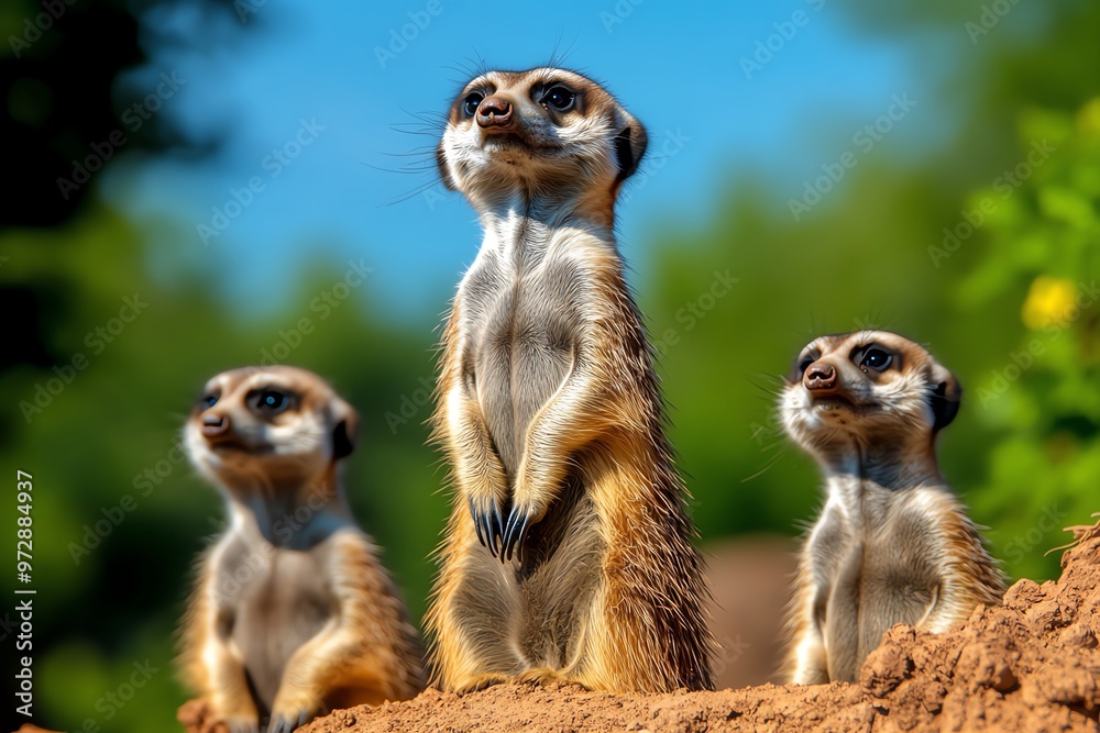 A family of meerkats standing on their hind legs, scanning the horizon for danger as they protect their den A family of meerkats standing on their hind legs, scanning the horizon for danger as they protect their den