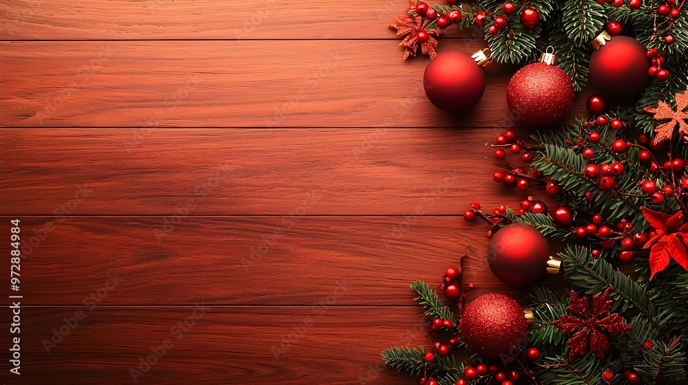 Festive Christmas Ornaments on Rustic Wooden Background Festive Christmas Ornaments on Rustic Wooden Background