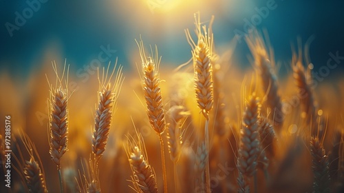 Golden Wheat Spikes Basking in Sunlight During a Tranquil Evening on a Farm Field