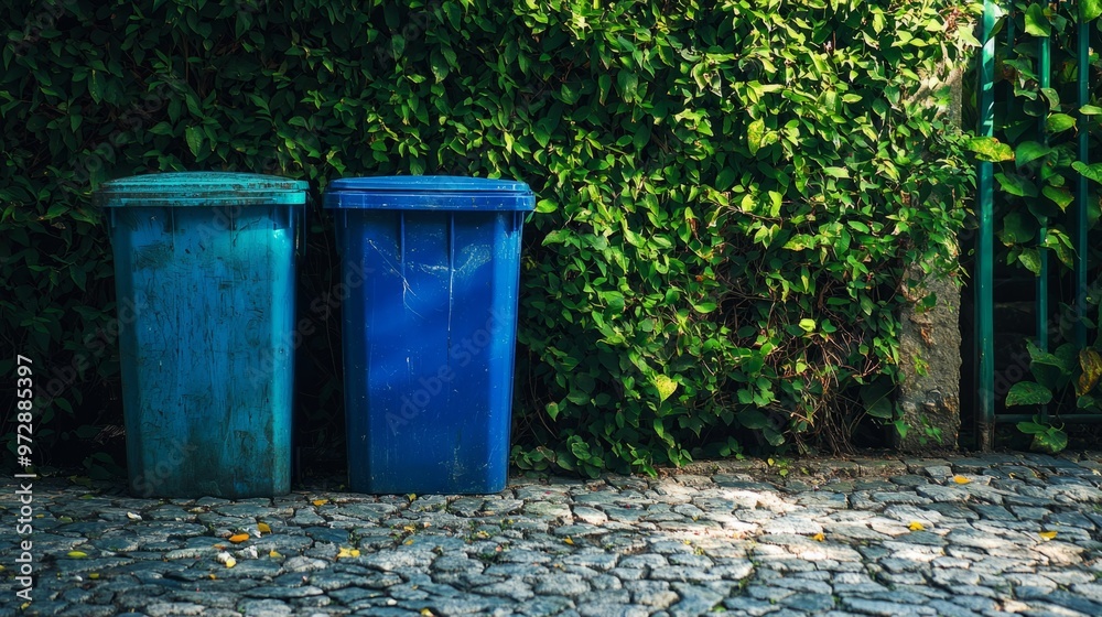 Naklejka premium Bins For Collection Of Recycle Materials. Trash bins laying on the stone floor. used for garbage disposal to keep clean and conserving the environment There are green trees as a fence