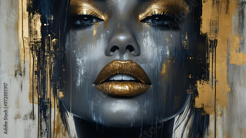 Fototapeta Naklejka Na Ścianę i Meble -  A striking portrait featuring a woman with golden accents and artistic paint drips.