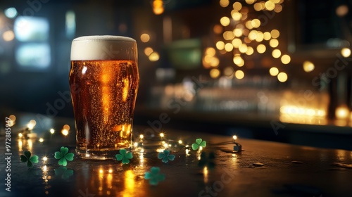 Pint of Beer on Bar with Festive Clovers and Lights