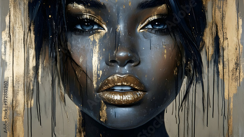 A striking portrait of a woman with golden accents and an artistic, abstract background.