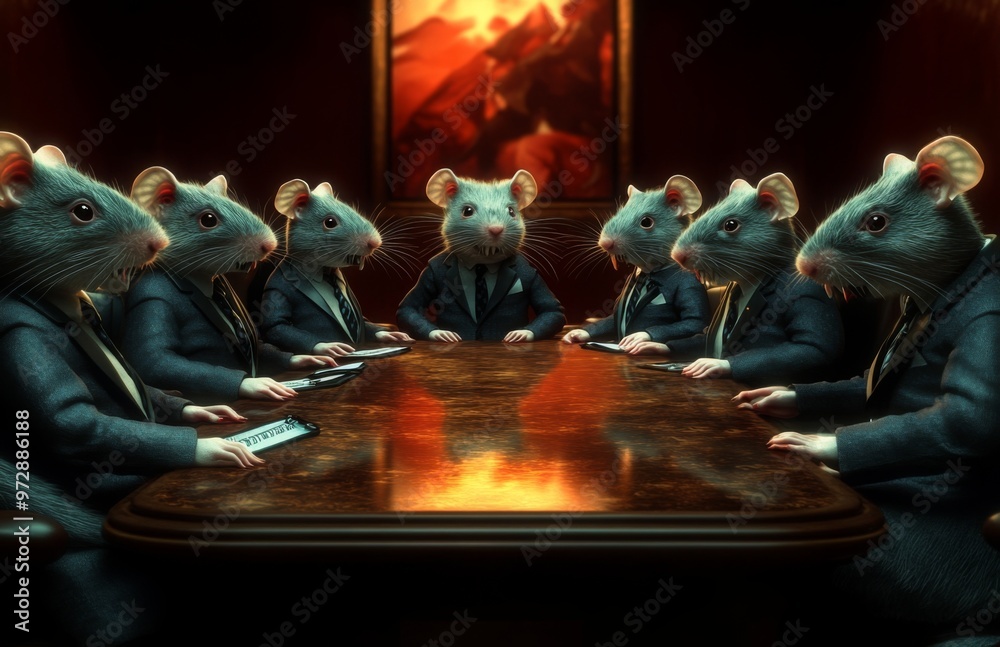 Rat Intimidation A group of rats in formal suits, seated around a luxurious conference ...