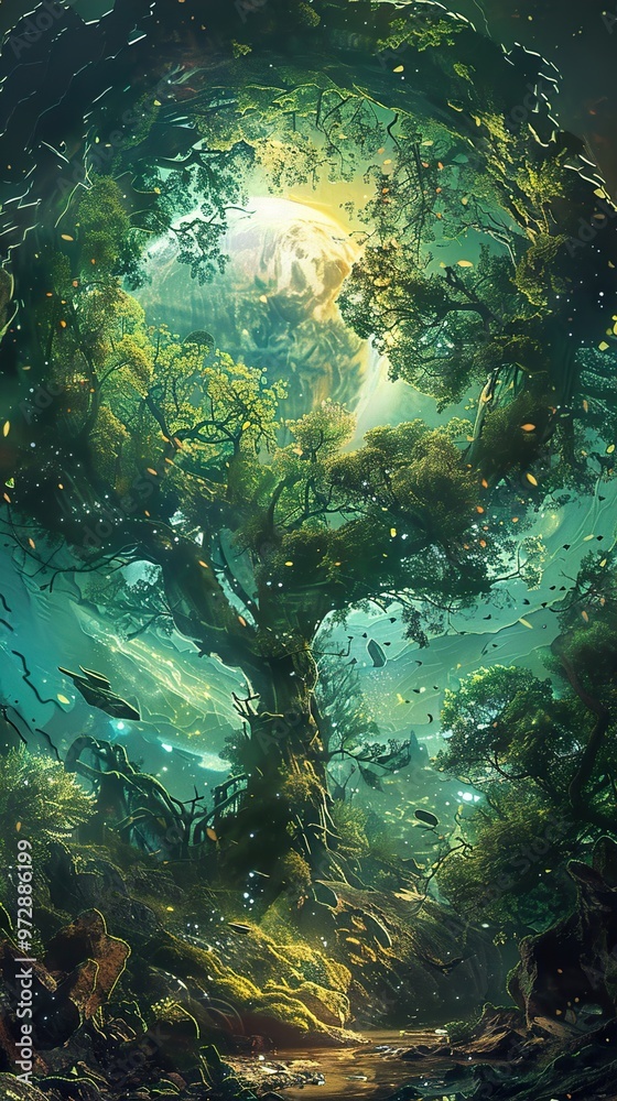 Fototapeta premium A majestic tree with green leaves and branches creates a portal to another world.