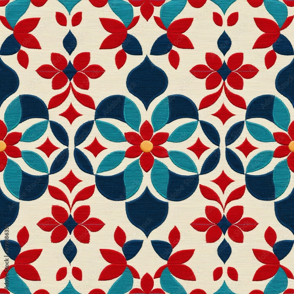 A vibrant floral pattern featuring red, blue, and white flowers
