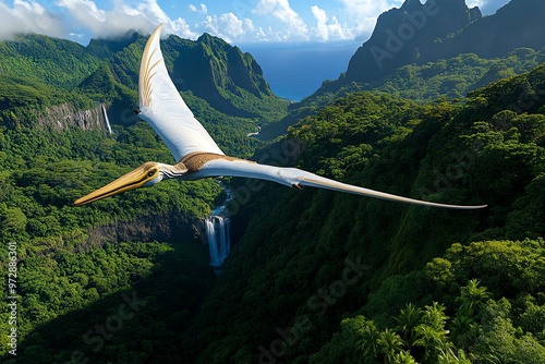 A flying Pteranodon gliding over a lush valley, the distant sounds of thundering waterfalls and dinosaur calls filling the air photo