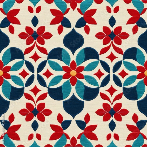 A vibrant floral pattern featuring red, blue, and white flowers