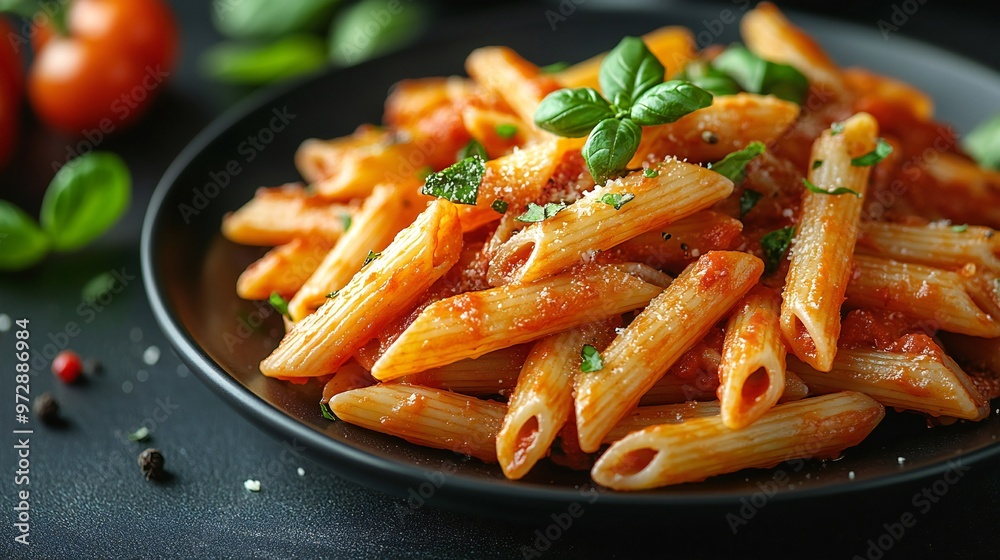 Penne pasta with tomato sauce and basil on a black plate, food photography with dark background Penne pasta with tomato sauce and basil on a black plate, food photography with dark background