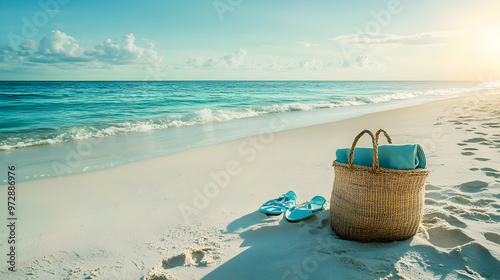 A large beach tote nestled into the soft sand near the shoreline, surrounded by beach accessories and footprints leading to the water