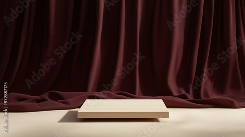 A sleek wooden stand on a beige floor, with a rich burgundy curtain draped in the background. The studio lighting casts soft shadows, creating a refined and modern 3D abstract mockup. photo