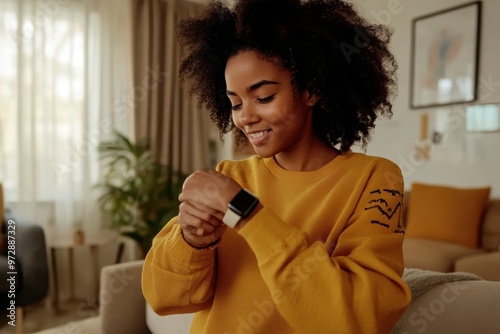 Close-up of digital assistant providing financial tips on a smartwatch â€“ Gen Z client receiving daily reminders for budgeting, blending tech and advice, wearable fintech