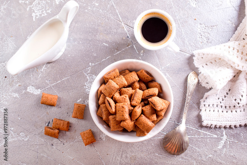 sweet crunchy chocolate children's breakfast on a gray background.
