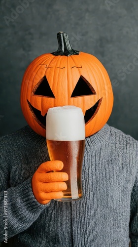 A pumpkin head drinking beer at an Oktoberfest table, pumpkin head, beer, table photo