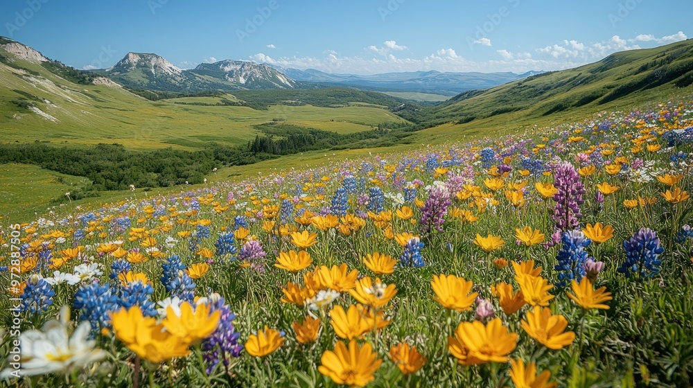 Fototapeta premium Vibrant wildflower meadow with mountains in the background.
