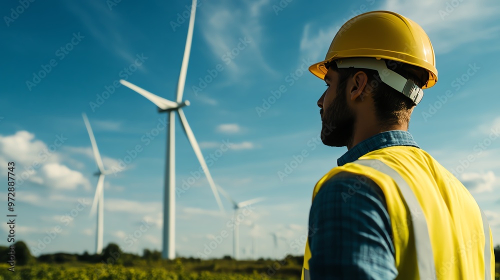 A worker inspecting wind turbines under a clear blue sky, showcasing renewable energy and sustainable development concepts. A worker inspecting wind turbines under a clear blue sky, showcasing renewable energy and sustainable development concepts.
