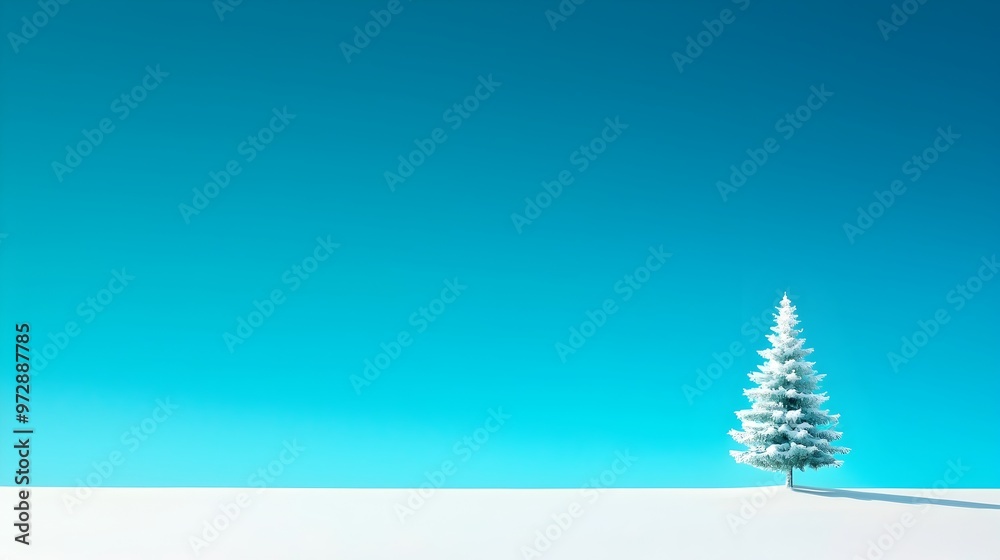 Snowy Winter Landscape with Lone Christmas Tree and Clear Blue Sky Snowy Winter Landscape with Lone Christmas Tree and Clear Blue Sky