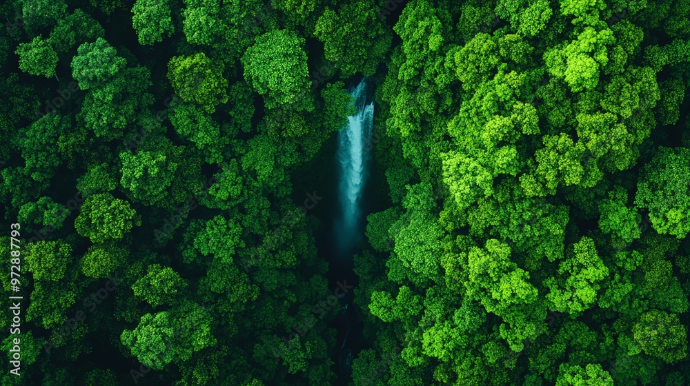 Aerial view of a stunning waterfall nestled among lush green trees, showcasing the beauty of nature and tranquility. Aerial view of a stunning waterfall nestled among lush green trees, showcasing the beauty of nature and tranquility.