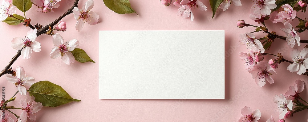 Blank white postcard surrounded by delicate cherry blossoms on a soft pastel pink background, perfect for spring and floral themed designs Blank white postcard surrounded by delicate cherry blossoms on a soft pastel pink background, perfect for spring and floral themed designs