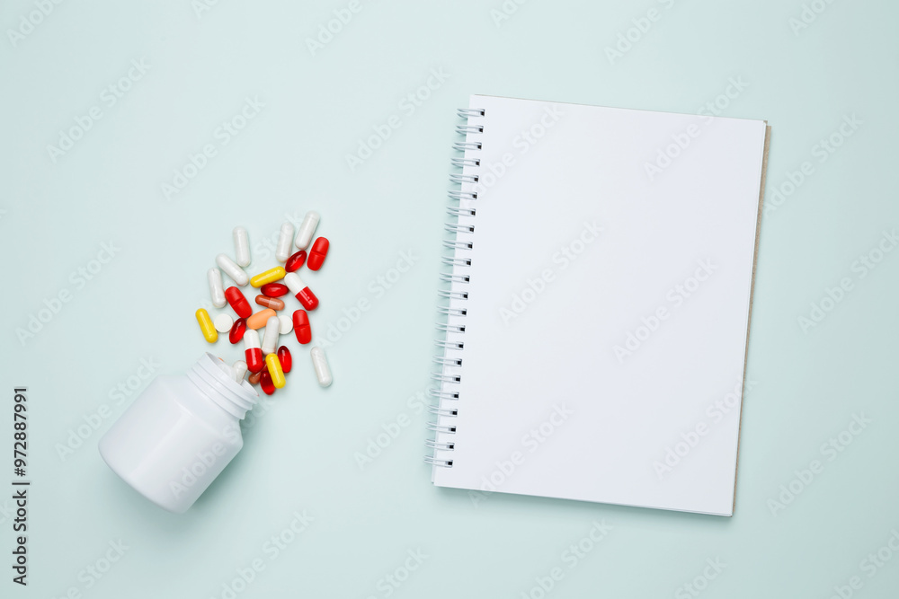 An open bottle spilling colorful pills next to a blank notebook, on blue background. Concept of healthcare and medication planning An open bottle spilling colorful pills next to a blank notebook, on blue background. Concept of healthcare and medication planning