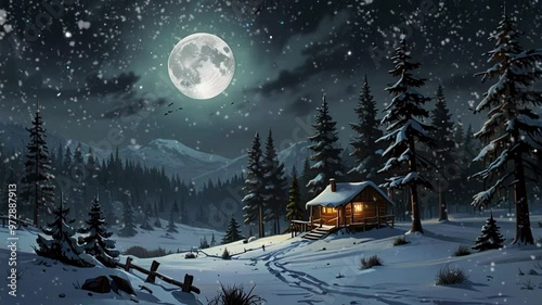 snowfall in the forest at night full moon, winter. seamless looping 4k video background animation