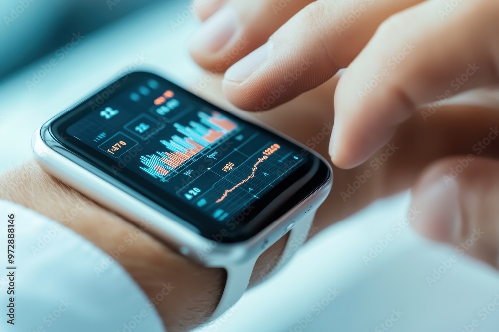 Gen Z client browsing financial health trackers on a smartwatch – Receiving personalized daily advice on spending and saving, fintech accessibility, empowerment through digital platforms Gen Z client browsing financial health trackers on a smartwatch – Receiving personalized daily advice on spending and saving, fintech accessibility, empowerment through digital platforms