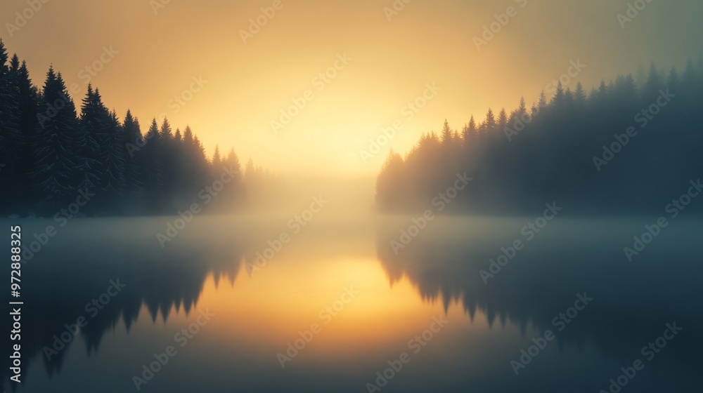 Fototapeta premium A tranquil lake reflecting the soft glow of sunrise, surrounded by mist and creating a peaceful, dreamlike scene.