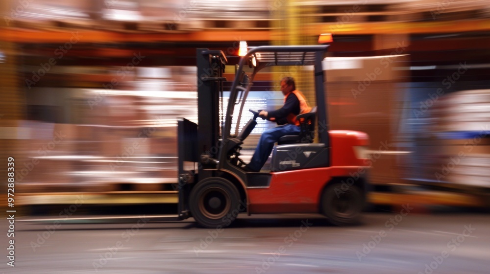 Forklift in fast motion in warehouse motion blur. Forklift driver preparing products for shipment, delivery, checking stock in warehouse.