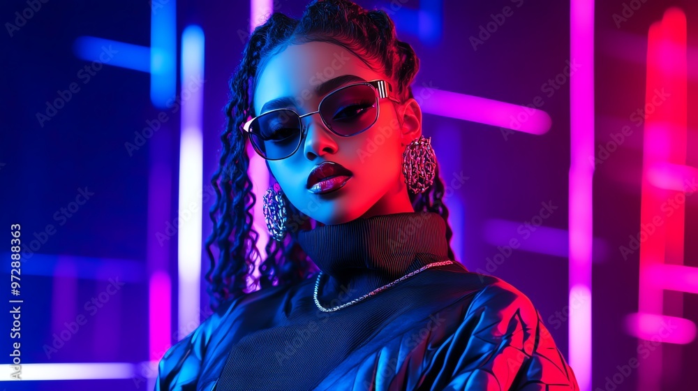 Fototapeta premium Stylish model poses in neon lights, showcasing bold fashion and attitude. Perfect for trendy, urban, and modern aesthetics.