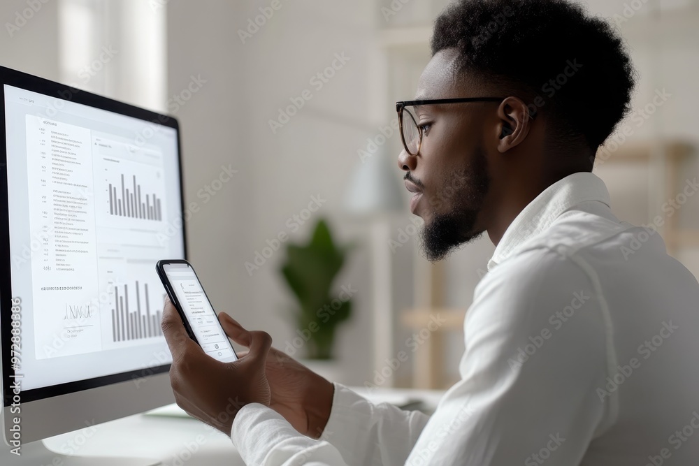 Fototapeta premium Gen Z client receiving a financial plan summary on their phone Clear, simple presentation of personalized goals, 