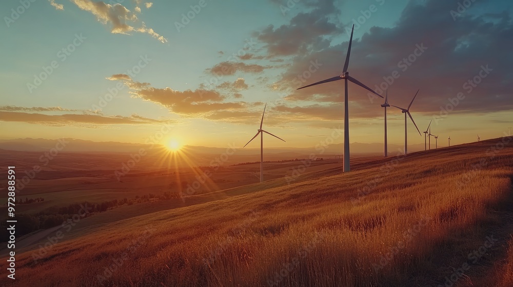 Wind Turbines on a City Outskirts Hill, Blades Capturing the Glow of the Setting Sun Wind Turbines on a City Outskirts Hill, Blades Capturing the Glow of the Setting Sun
