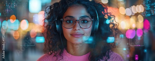 Close-up portrait of a young Indian woman wearing glasses and headphones, exploring virtual reality in a vibrant city setting at night