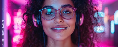 Close-up of a smiling woman with glasses and headphones against a vibrant neon background