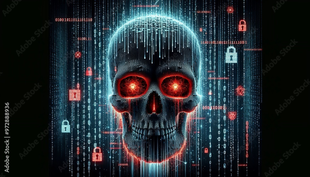 The image shows a digital representation of a human skull with glowing ...