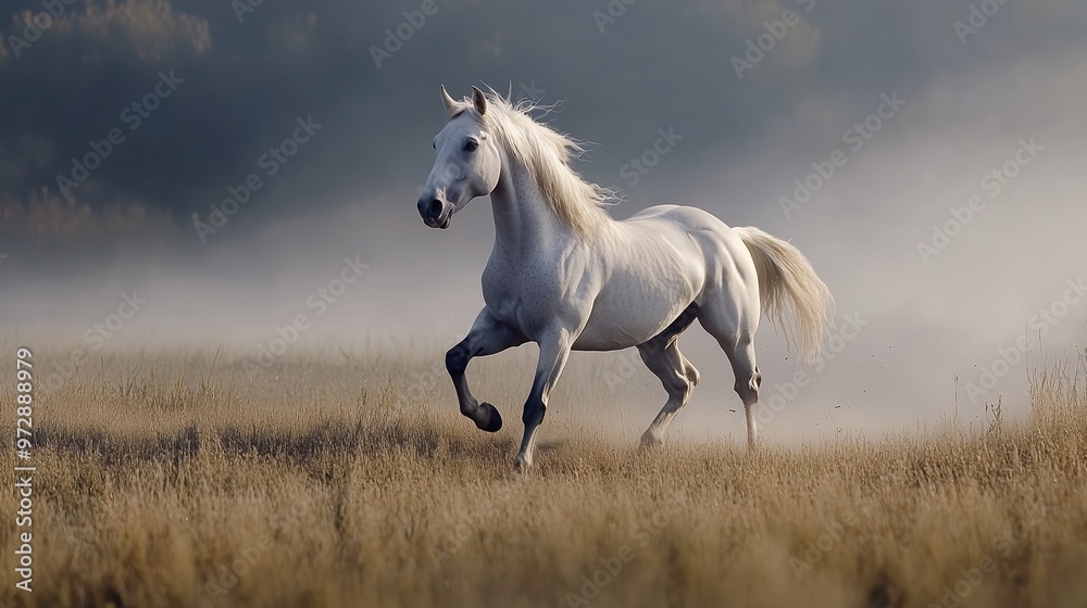 Majestic white horse galloping through misty grasslands at dawn in a serene natural landscape Majestic white horse galloping through misty grasslands at dawn in a serene natural landscape