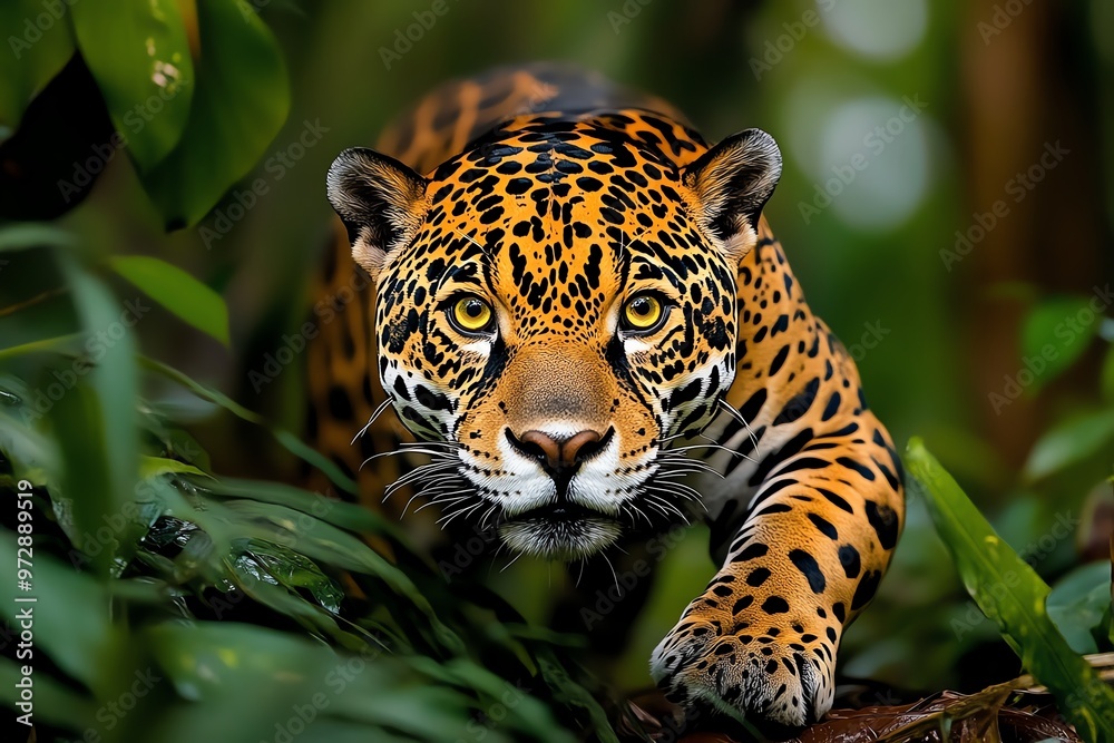 A jaguar prowling through the jungle, its golden eyes glowing in the dim light as it stalks silently through the undergrowth