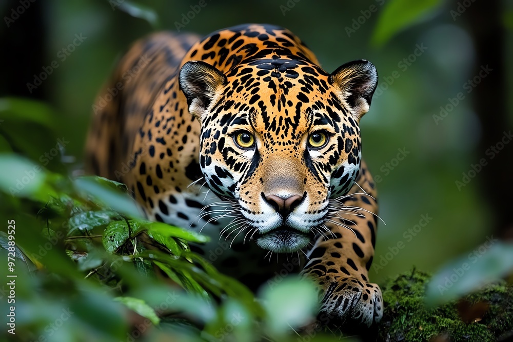 A jaguar prowling through the jungle, its golden eyes glowing in the dim light as it stalks silently through the undergrowth A jaguar prowling through the jungle, its golden eyes glowing in the dim light as it stalks silently through the undergrowth