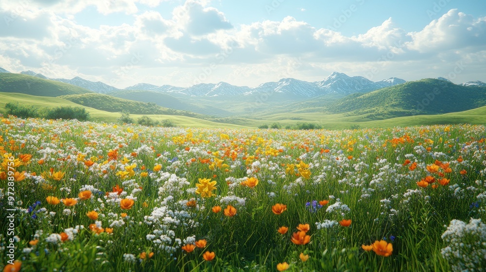 A vibrant flower field with mountains in the background. A vibrant flower field with mountains in the background.