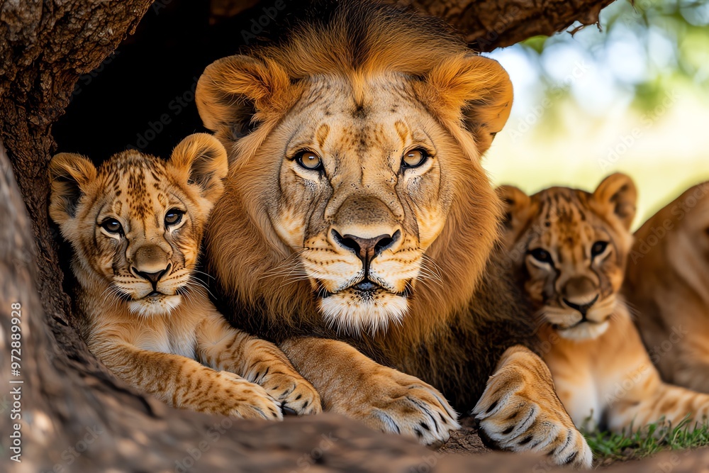 Fototapeta premium A lion pride resting under a tree, with cubs playfully pouncing on each other while the adults keep watch in the African savannah