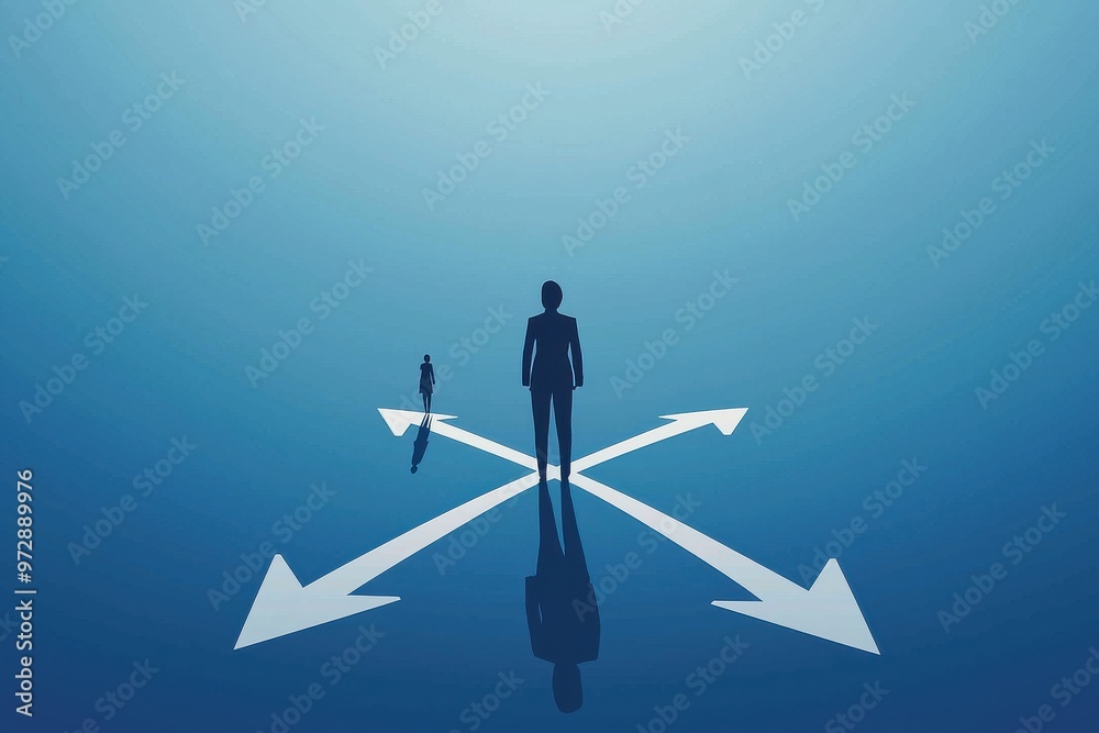Person standing at a crossroads with three arrows symbolizing decision making and direction in an abstract concept of choices and future pathways Person standing at a crossroads with three arrows symbolizing decision making and direction in an abstract concept of choices and future pathways