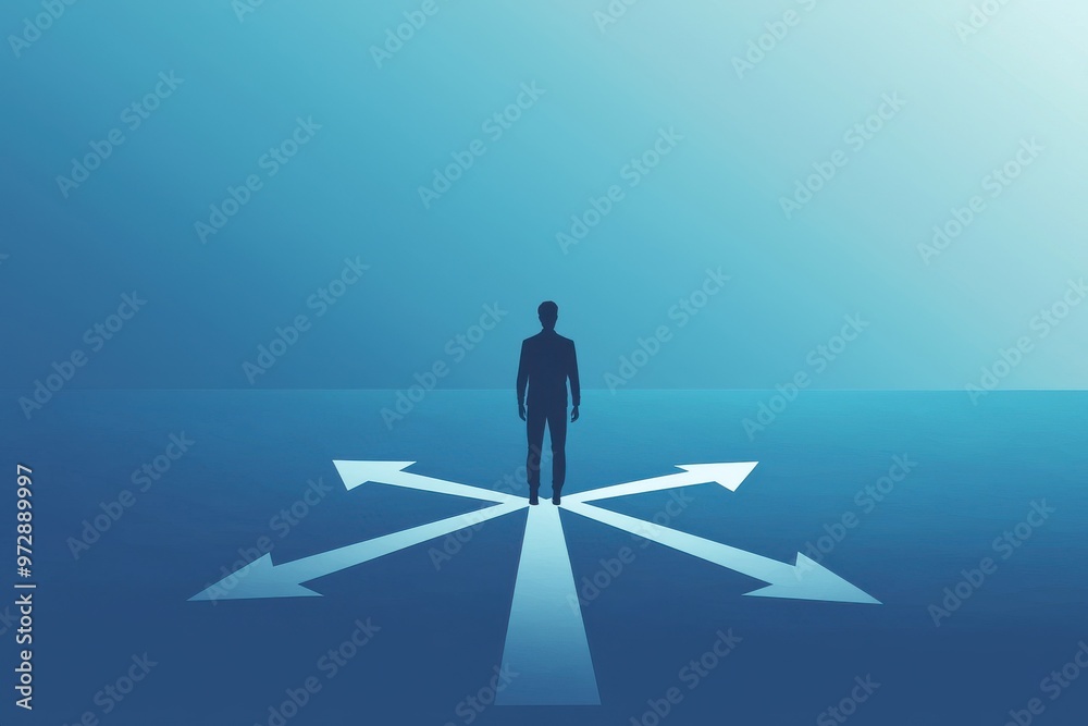 Person standing at a crossroads with multiple paths, symbolizing decision-making and future choices Person standing at a crossroads with multiple paths, symbolizing decision-making and future choices