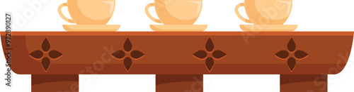 Wooden shelf with floral carvings holding three teacups with saucers, evoking a cozy and traditional atmosphere