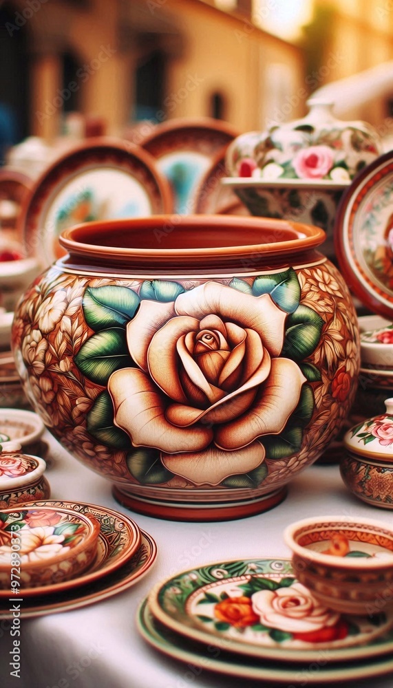 italienische Töpferware mit einem Rosenmotiv auf einem Markt in Italien italienische Töpferware mit einem Rosenmotiv auf einem Markt in Italien