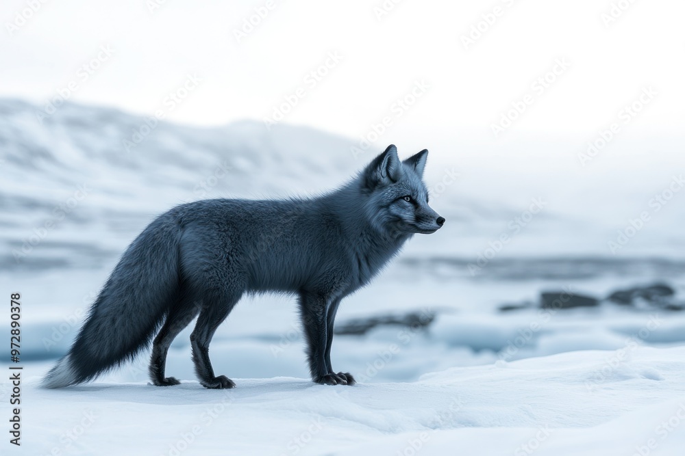 A Blue Fox Standing on Snowy Terrain with Mountains in the Background A Blue Fox Standing on Snowy Terrain with Mountains in the Background